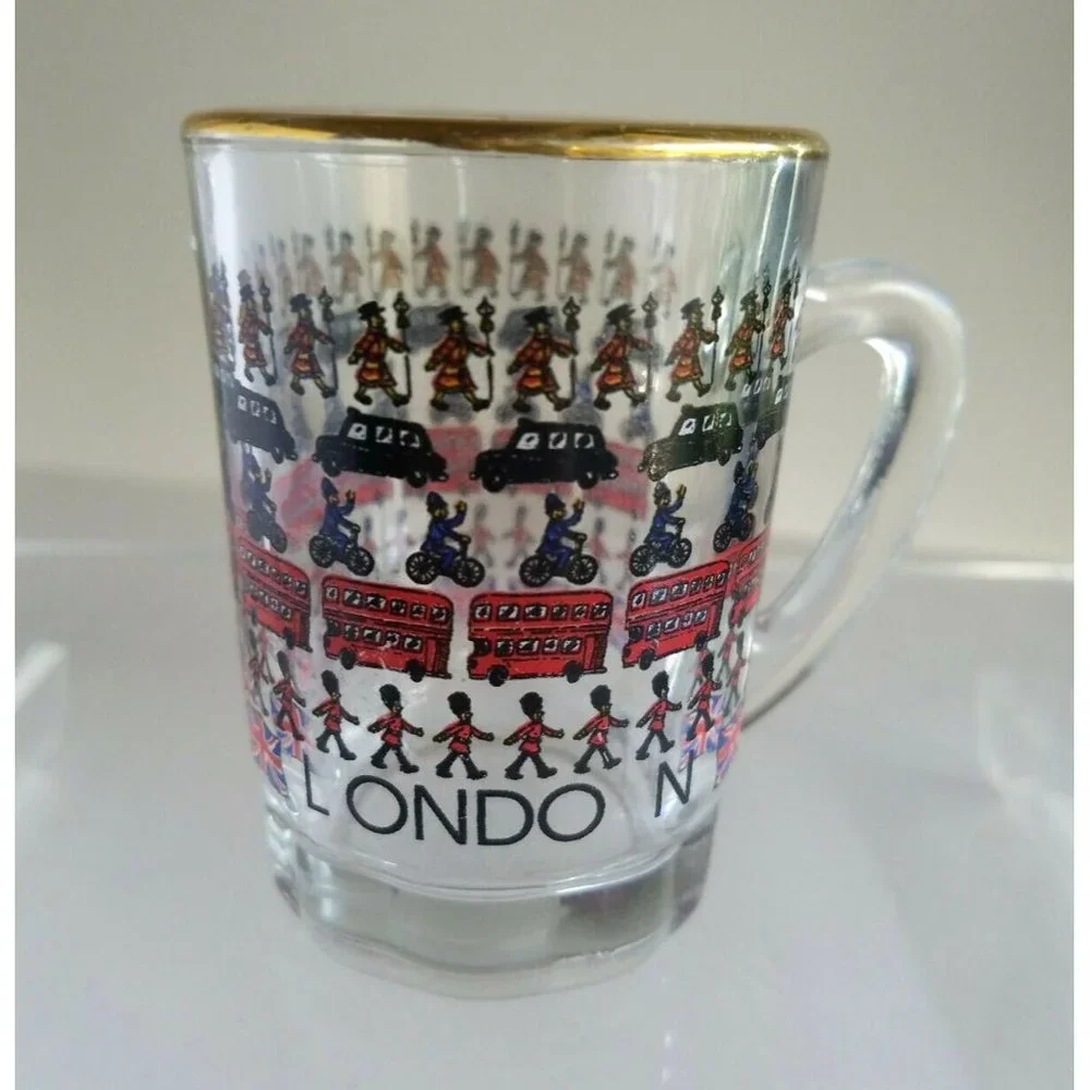 Vintage London Double Shot Glass with Handle Gold trim Double Decker Bus Flag +